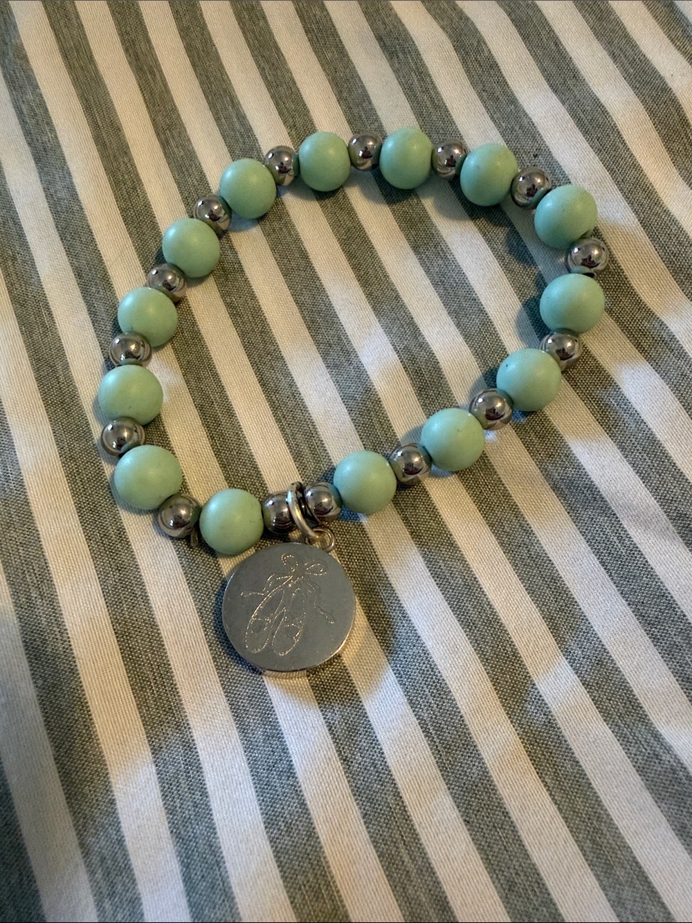 Rustic Cuff Mint and Silver Beaded Charm Bracelet “Ballerina”
